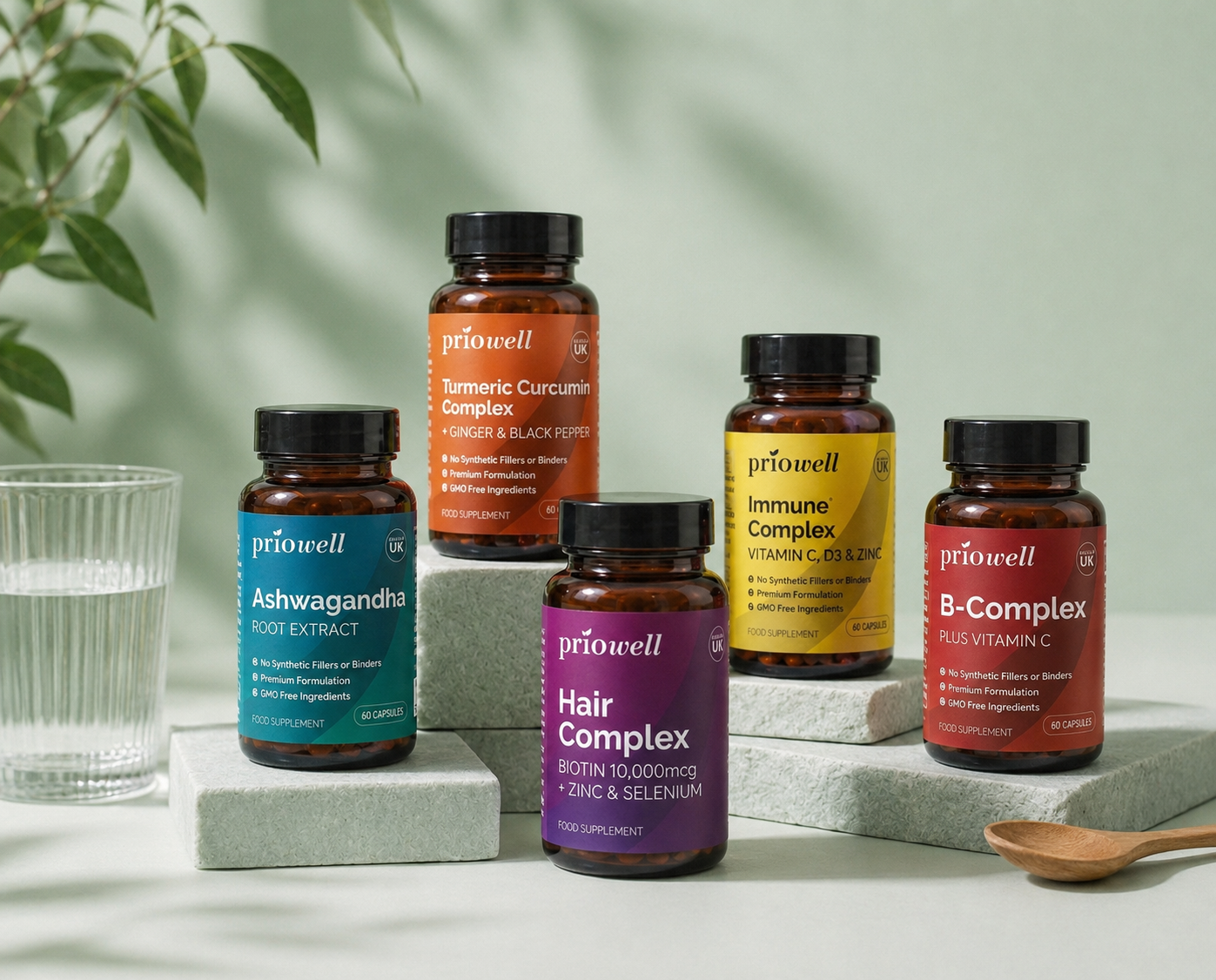 Priowell Ashwagandha, Turmeric Curcumin, Hair Complex, Immune Complex and B-Complex supplement bottles on pale green stone podiums